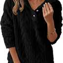 BLENCOT Women's Casual Winter Fuzzy Fleece Sweatshirts Long Sleeves Button Down Collar Neck Shaggy Cable Sherpa Pullover Jacket Pockets Black M