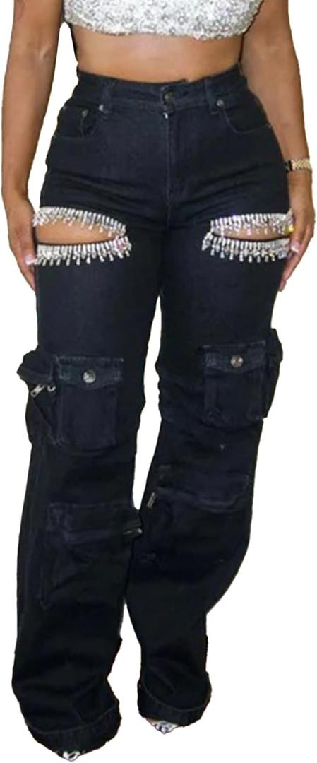 Vakkest Women's Rhinestone Cargo Jeans High Waisted Ripped Distressed Wide Leg Stretchy Denim Pants with Flap Pockets (XX-Large, Black)