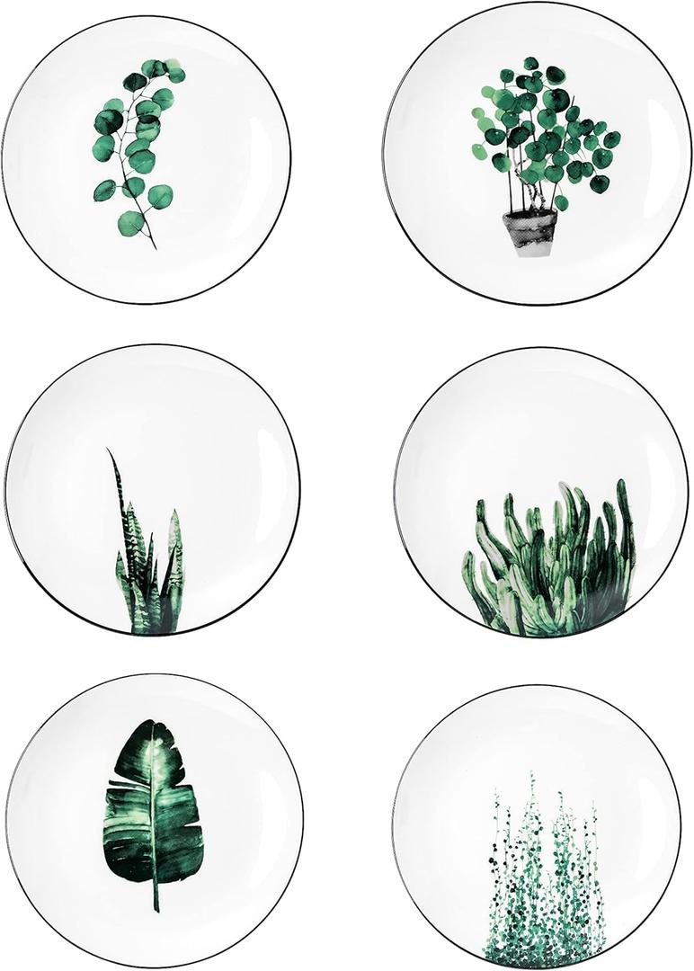 8 Inch Set of 6 Assorted Designs, Porcelain Plates with Plants Pattern, White Ceramic Dinnerware for Steak Luncheon Salad Dessert Serving Bread, Microwave Oven Dishwasher Safe