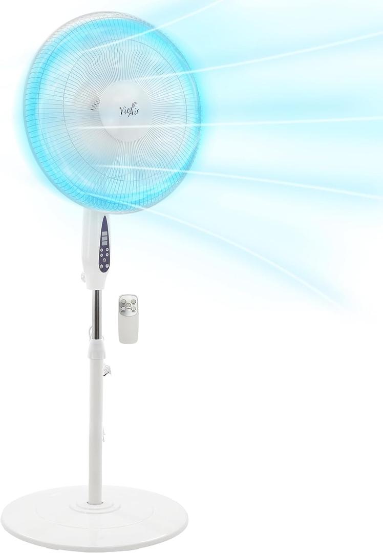 Vie Air 16 Inch 3 Speed Oscillating Stand Fan with 7.5 Hour Timer, 1400 RMS & Remote Control (White)