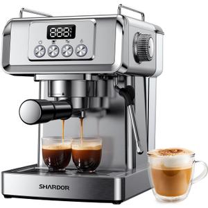 SHARDOR Espresso Machine 20 Bar with Milk Frother Steam Wand, Professional Latte & Cappuccino Maker for Home, 60 Oz Water Tank, Temperature Display, Stainless Steel, 1350W