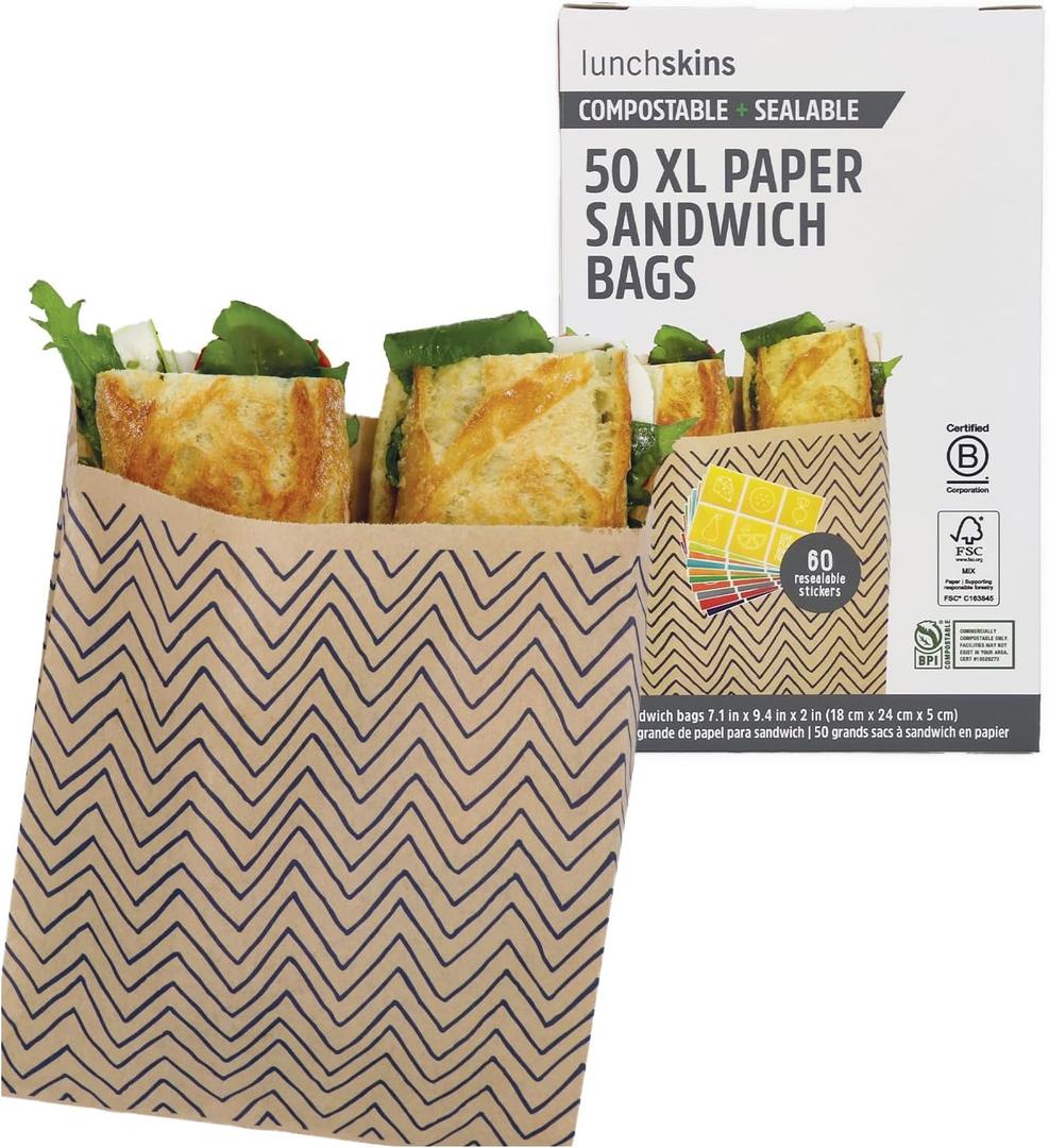 Lunchskins Compostable Food Storage XL Sandwich Bags, Chevron Design, 50 Bags - Eco-Friendly, Recyclable, Made Without PFAS and BPA