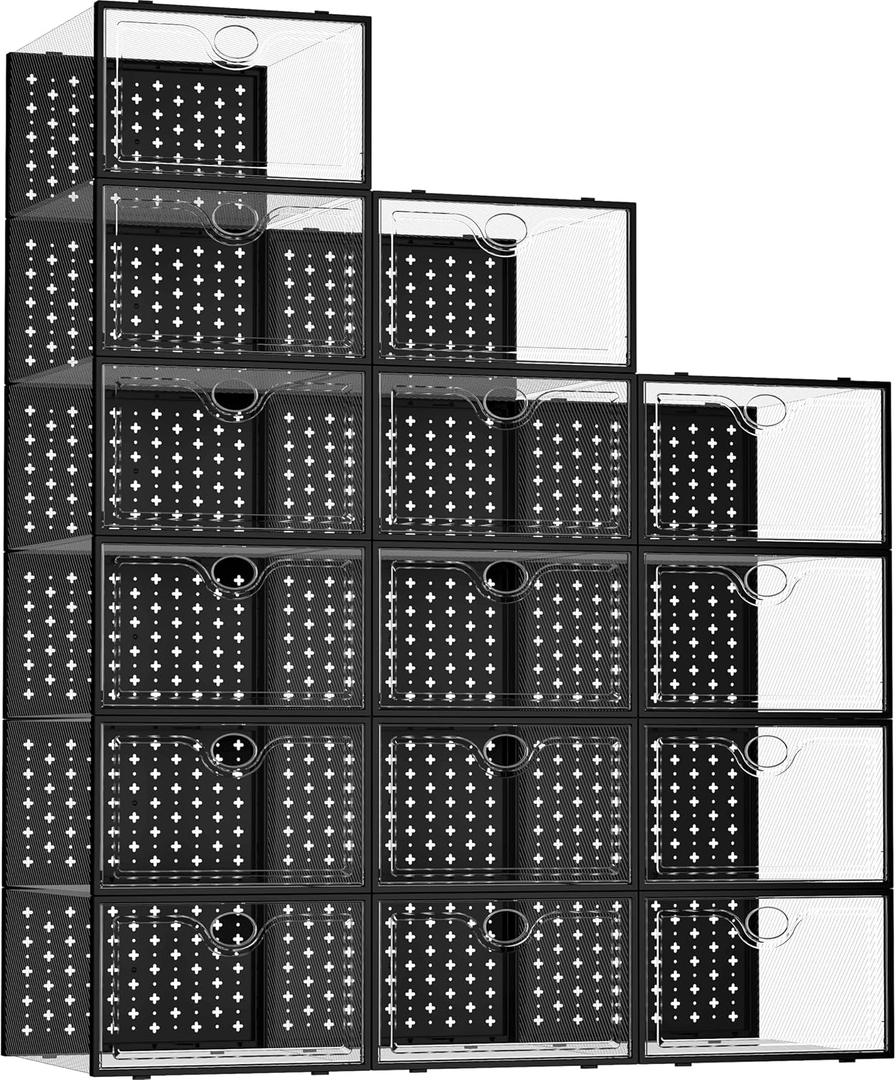 Pinkpum 15 Pack X-Large Shoe Storage Boxes Fit Size 11, Shoe Organizer for Closet Clear Plastic Stackable Shoe Dispaly Case Bins Holder, Sneaker Storage for Sneakerheads Black