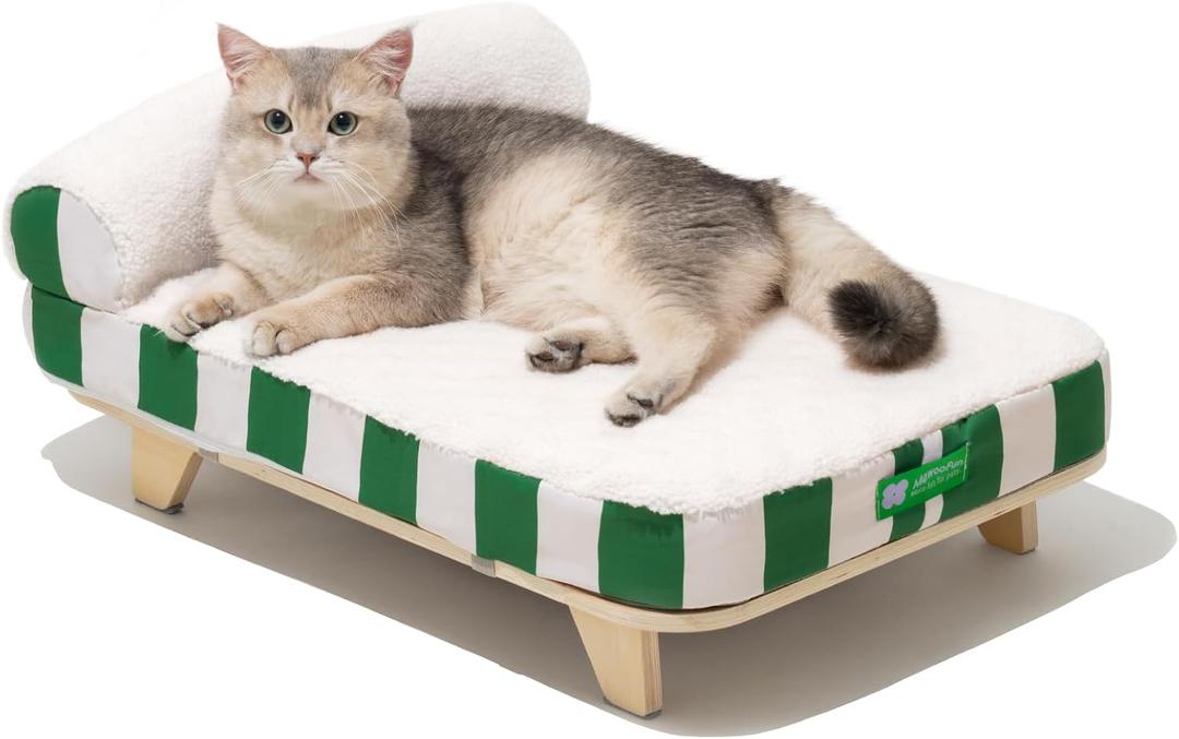 MEWOOFUN Modern Elevated Cat Couch Bed With Nonskid Bottom, Orthopedic Pet Sofa With Removable Washable Cover, Wooden Pet Furniture for Kitty Puppy, Green & White