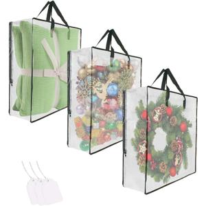 3 Pack Clear Bags with Zipper and Handles, Halloween Christmas Wreath Storage, Gift Bag Organizer, Moving Boxes Alternative, Under the Bed Storage (Black)