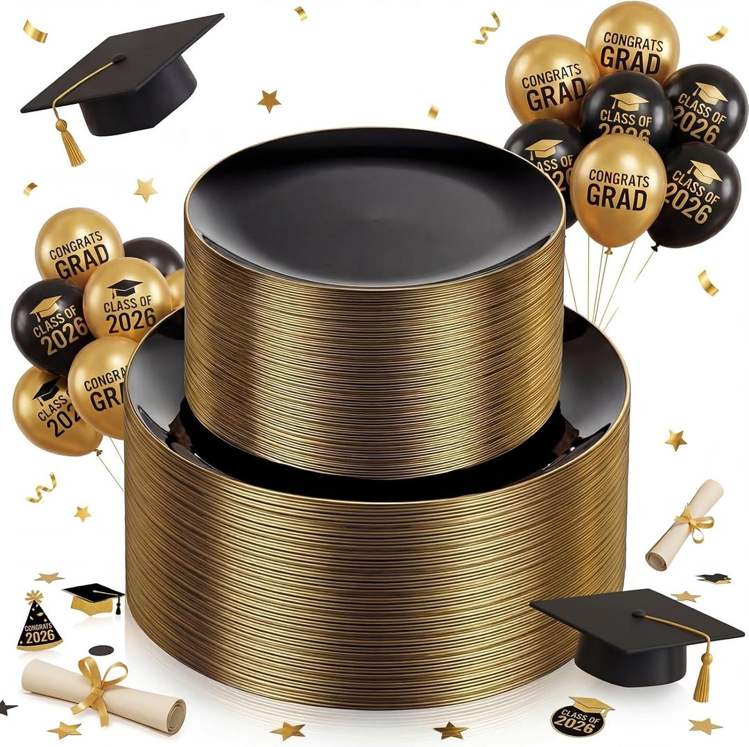 KIRE 100PCS Black and Gold Plates - Black Plastic Plates Disposable with Gold Rim Include 50Pcs 10.25inch Dinner Plate and 50Pcs 7.5inch Dessert/Salad Plate for Party/Wedding/Birthday/Graduation
