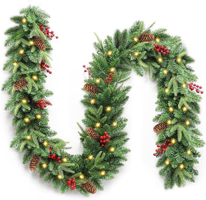 Christmas Garlands, Christmas Decorations, 9FT Pre-Decorated Winter Xmas Garland, Artificial Holiday Decor Faux Greenery for Mantle, Fireplace, Stair, Door, Indoor Outdoor with Pinecones, Red Berries