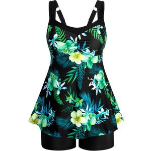 HUSKARY Tankini Swimsuits for Women Tummy Control Two Piece Bathing Suit Flowy Swim Tank Top with Boyshorts XL