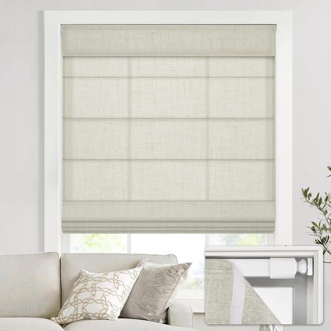 UNISHADES no Drill Cordless Roman Shades for Windows, 28" W × 64" H - Light Filtering - Linen - Beige