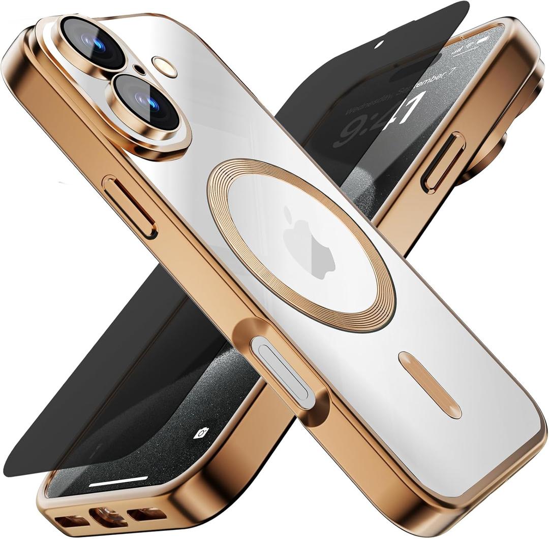 Misscase for iPhone 17 Case with Privacy Screen Protector,[Camera Lens Protector] Clear Magnetic Luxury Plating Case Compatible with MagSafe Elegant Anti-Scratch Case Cover 6.3 inch Gold
