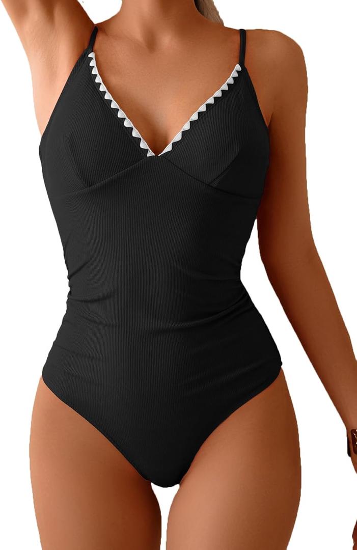 Fanuerg Women's Ribbed One Piece Swimsuit Tummy Control V Neck Bathing Suit Color Block Swimwear (Black)