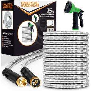 Garden Hose 25ft, Stainless Steel Heavy Duty Water Hose with 10 Function Nozzle Flexible, Lightweight, No-Kink, Pet Proof, Puncture Proof Metal Hose for Yard, Outdoor