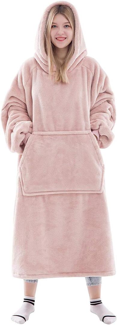Waitu Wearable Blanket Sweatshirt Gifts for Women and Men, Super Warm and Cozy Giant Blanket Hoodie, Thick Flannel Blanket with Sleeves and Giant Pocket - Pink (Adult)