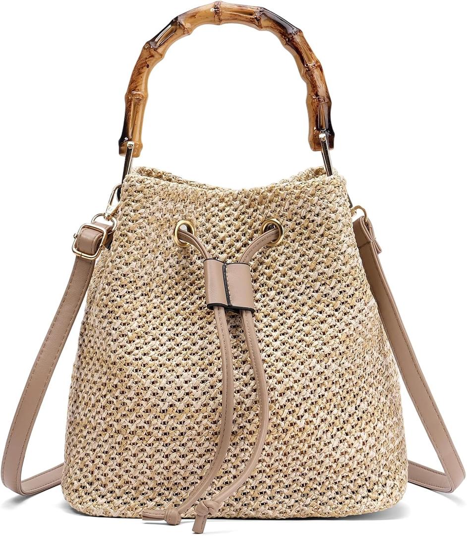 RNIEGA Straw Crossbody Bag Summer Woven Bucket Bags for Women Beach Shoulder Purse Drawstring Handbag Vacation