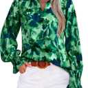 MASCOMODA Womens V Neck Floral Long Sleeve Tops 2025 Summer Casual Loose Puff Sleeve Chiffon Boho Work Blouse Dressy T Shirts (Green, L)