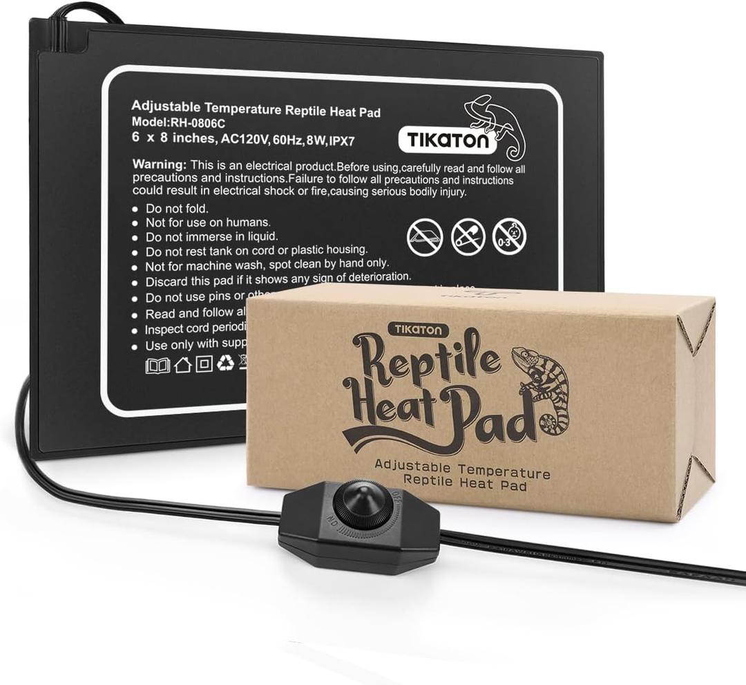 Tikaton Reptile Heat Pad - Adjustable Temperature Under Tank Heater for 10-20gal/30-40gal Tank, Terrarium Heat Mat for Turtle/Snake/Lizard/Frog/Spider/Plant Box (1 Pack-6" X 8")
