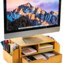 Hiceeden 2 Tier Bamboo Desktop Organizer, Desk Monitor Stand Riser with 1 Drawer and 2 Pen Holder, 2 Compartment Computer Desk Storage Organizer for Laptop, Printer, iMac