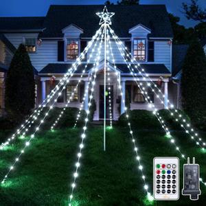 Ollny Christmas Lights Tree 340LED with Topper Star, IP67 Waterproof Remote Control Waterfall Lights with Pole, 16 Modes 3 Timers Dimmable Light Decorations for Outdoor Yard Garden Lawn(Cool White)