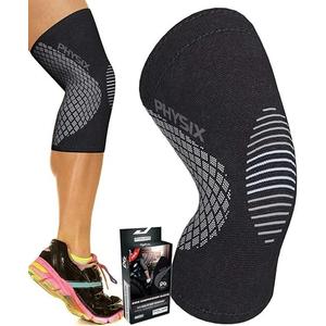 Physix Gear Knee Compression Sleeve for Men & Women - Best Compression Knee Brace for Walking, Running, Gym, Basketball, Weightlifting,Workout, Sports - Knee sleeves Support Compression & Stability (Beige/Black)
