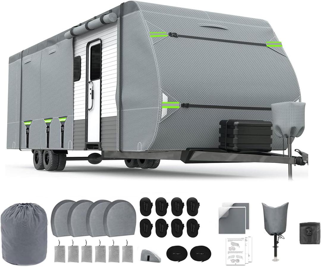 RV Cover Upgraded 8 Layers Top Camper Cover Windproof Travel Trailer Cover RV, Tire Cover,Hauler Cover with Tongue Jack Cover, Extra Long Windproof Ropes (20-22FT)