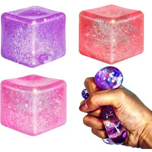 Glitter Squishy Cube Pack of 3 - Fidget Toys for Kids, Slow Rise Stress Cubes for Adults, Ice Cube Squishy Malt Sugar Stress Balls for Anxiety Relief(Blue/Coral/Purple)