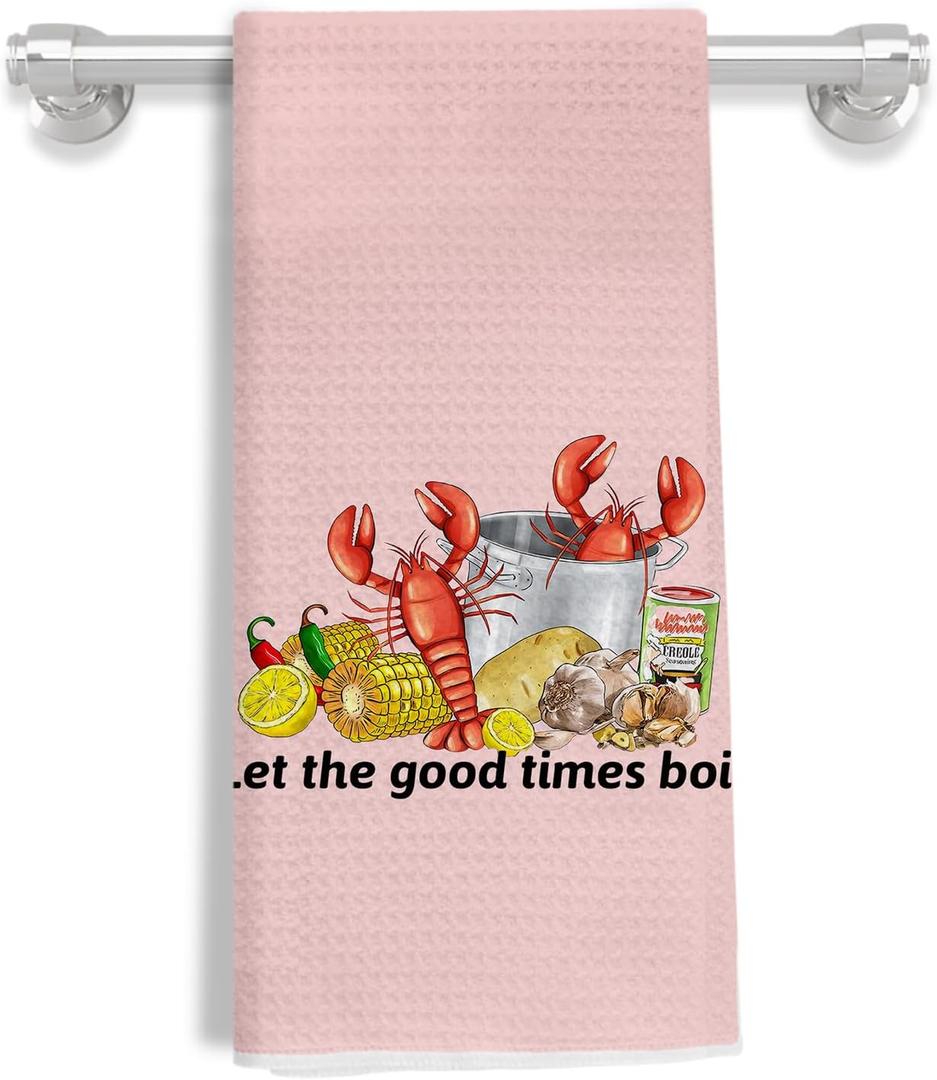 Funny Crawfish Season Kitchen Towels, Seafood Boil Party Supplies, Lobster Lover Gifts Dish Tea Towels for Kitchen Decor, Let the Good Times Boil Coastal Beach Nautical Hand Towels, 16x24 Inch