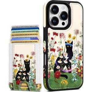 Shorogyt for iPhone 16 Pro Max Cute Kawaii Phone Case - Compatible with Magsafe Wallet Magnetic Credit Card Holder Cat Flower Design Leather Phone Cover for Women Girls, Fits 7 Cards