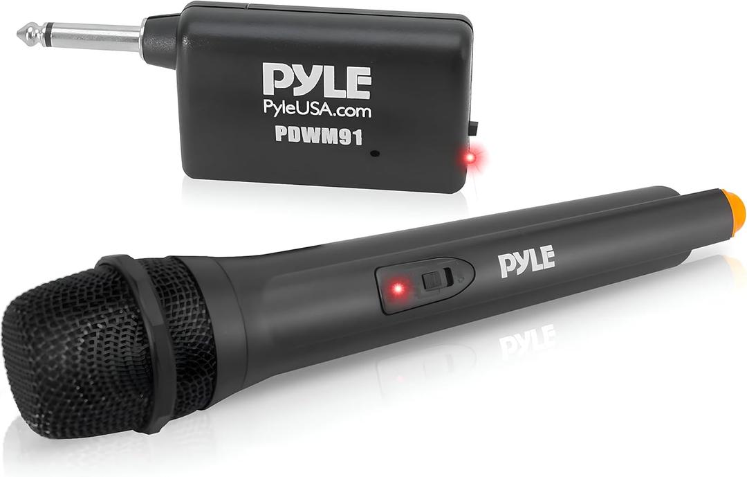 Pyle Portable VHF Wireless Microphone System - Professional Battery Operated Handheld Dynamic Unidirectional Cordless Microphone Transmitter Set W/Adapter Receiver, for PA Karaoke DJ Party, Black