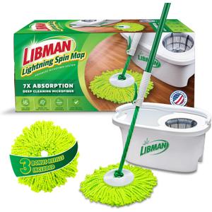 Libman Lightning Spin Mop System Plus 3 Refill Head | Mop and Bucket with Wringer Set | Floor Mop | Spin Mop | Libman Mop | Mops for Floor Cleaning | Hardwood Floor Mop | 4 Total Mop Heads Included