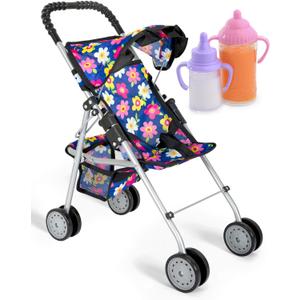 Toy Doll Stroller for Kids  Foldable Baby Doll Stroller with Safety Belt & Storage Basket, Lightweight Pretend Play with 2 Free Magic Bottles Included Best Gift for Girls & Boys Ages 2 3 4 5+ (Flower Design)