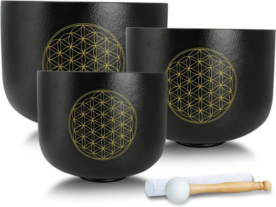 Set of 3 Singing Bowls Life of Flower Black 8-12 inch 8"G 10"E 12"C Frosted Quartz Crystal Sound Healing Bowls with 1 Mallet Suede 1 Striker 3 O-rings