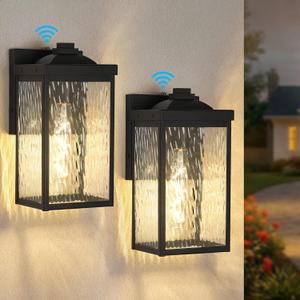 Outdoor Wall Light Fixtures 2 Pack, Dusk to Dawn Porch Lights with Photocell Sensor, Waterproof Black Exterior Mount Sconce with Hammered Glass for Front Door, Garage, Patio, House, E26 Base