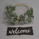 Green Wreath for Front Door, Wood Bead Wreaths with Artificial Lambs Ears Leaves, Hello and Welcome Door Sign Wreath for Home Decor, Spring Summer Green Leaf for Wedding Decor
