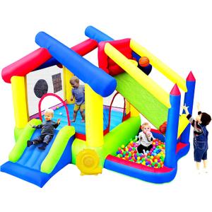WELLFUNTIME Inflatable Bounce House with Slide, Bouncy Castle & Jumping Castle with Blower, Ball Pool, Basketball Game & Dart Target Game, 134 X 116 X 95 Inches