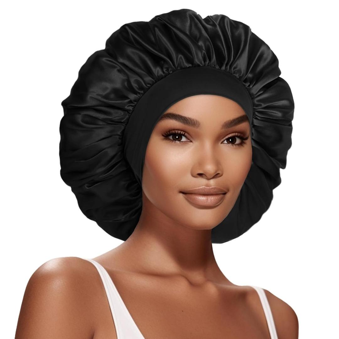 Extra Large Satin Bonnet Hair Cap, 17inches Silk Bonnet for Sleeping, Jumbo Silk Sleep Cap for Women Braids Curly Hair Locs (Black)