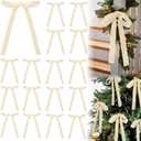 24 Pcs Velvet Bows for Christmas Tree Vintage Ribbon Bows for Crafts Garland Home Coquette Wedding Birthday Decor(5 x 7 Inch, Width of 5/8",Beige)