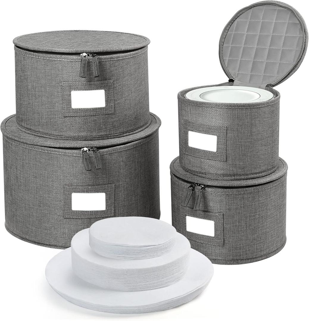 LotFancy China Storage Containers, Hard Shell, 4PCS Set, Dish Storage Box for Moving, Stackable Dinnerware Plate Organizer Bins with 48 Felt Dividers, Grey