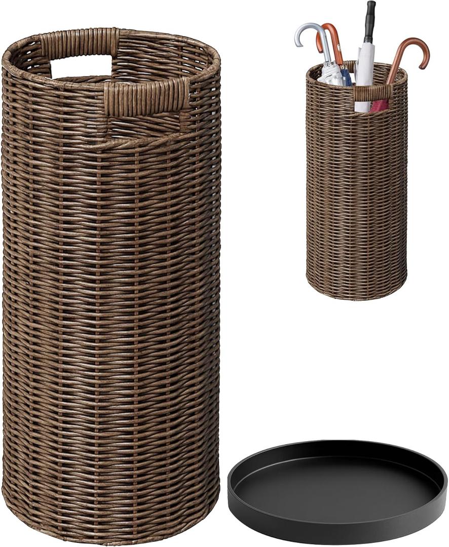 Rattan Umbrella Holder 20.8" H X 10" D,Handmade Wicker Umbrella Stand Indoor with Dip Tray,Sturdy Umbrella Holders for Entryway,Umbrella Bucket Fits Mudroom,Walking Canes,Home,Office (Brown)