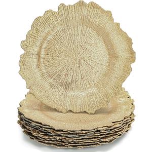 WUWEOT 12 Pack Gold Charger Plates, 12.7" Round Plastic Reef Plate Chargers with Flora Reef Design for Wedding Dinner Party Decoration