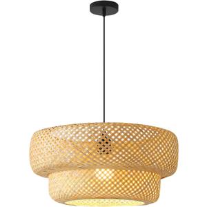 Boho Bamboo Pendant Light 17.8" Beige Rattan Dining Room Lights Fixture Farmhouse Woven Wicker Hanging Light for Living Room Kitchen Island Bedroom Hallway Coffee Restaurant, 17.8IN