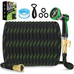 Garden Hose 100 ft, NON-EXPANDABLE Ultra Lightweight & Flexible Water Hose With 10-Pattern Spray Nozzle, Kink-Resistant, Leak-Proof, 3750D High-Density Fabric & Shut-Off Valve, Hose Straps (Green-Twill Pro)