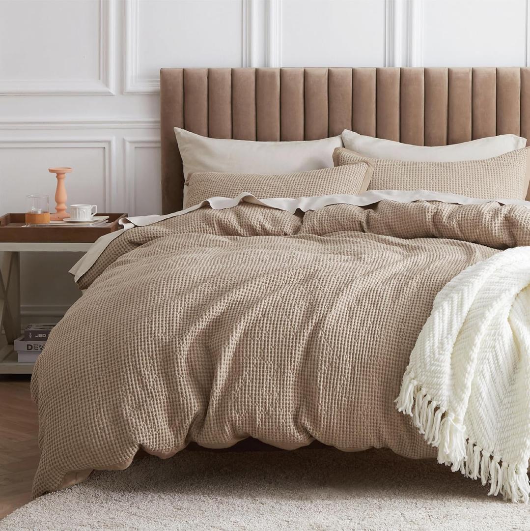 Bedsure Cotton Duvet Cover King - 100% Cotton Waffle Weave Khaki Duvet Cover King Size, GentleSoft and Breathable Tan Bedding Set for All Season, 3 Pieces, 104"x90"