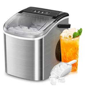 ZAFRO Ice Maker Countertop, Portable Stainless Steel Ice Machine with Self-Cleaning,26.5lbs/24H,9 Bullet Ice Cubes in 6 Mins,Ice Basket and Scoop,Ideal for Home,Kitchen,Party, Stainless Steel Silver