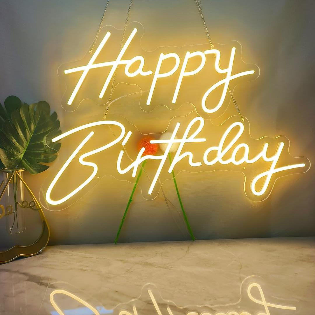Super Large Happy Birthday Neon Signs for Backdrop, 44.5 Inch Big Happy Birthday Neon Light with Remote Dimmer, Happy Birthday LED Signs for Birthday Party Decor, Warm White