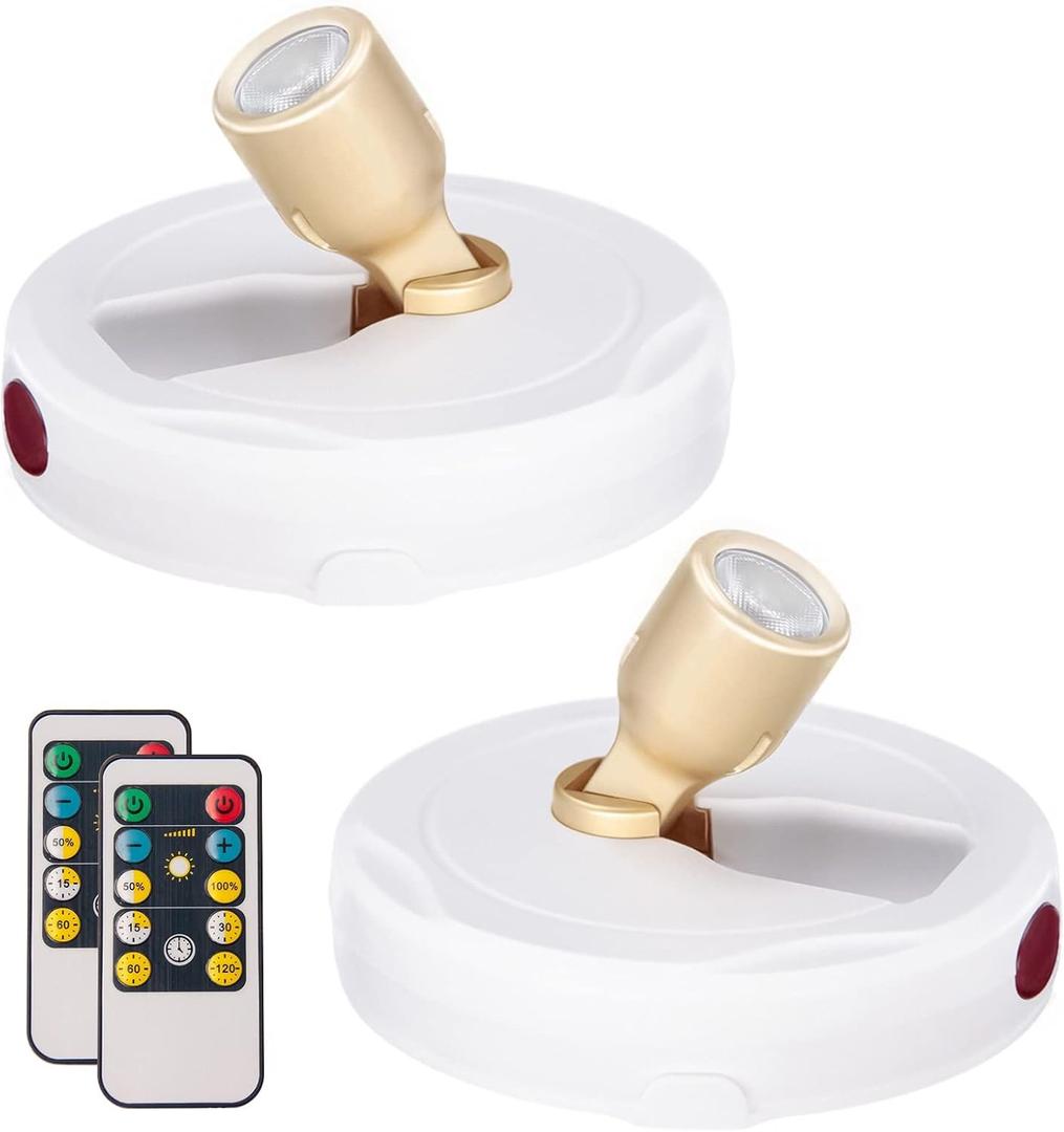 LED Spotlight, Battery Powered Picture Lights, Uplighting Indoor, Puck Lights with Remote, Stick Spot Light for Wall Display Picture Dartboard Painting Artwork Accent-2pcs (White Gold)