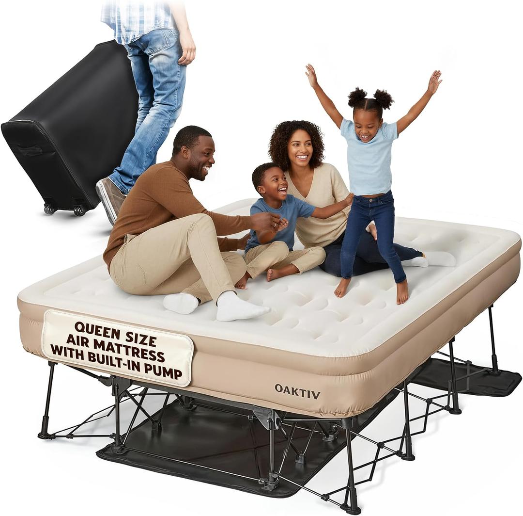 Oaktiv Queen Air Mattress with Frame, Self Inflating/Deflating Bed for Adults - Peak Rest Blow Up Bed, Camping Cot with Mattress for Adults - Portable Queen with Travel Rolling Case on Wheels