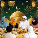 2 x Eid Mubarak Backdrop 70.8x43.3 inch, Ramadan Mubarak Banner for Muslim Ramadan Kareem Party Decorations, Eid Mubarak Background for Home Eid Al Fitr Party (Green and Gold)