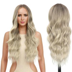 FUTAI Long Wavy Wig 30 Inch Ombre Ash Blonde HD Front Lace Body Curly Synthetic Hair Wigs for Women Professional Female Diverse Styles Daily Party Cosplay