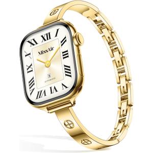 Missair Slim Bands Compatible with Apple Watch 44mm 45mm 46mm 49mm for Women, Thin Bracelet Dressy Designer Stainless Steel Metal Strap for iWatch Series 11 10 9 8 7 6 5 4 SE Ultra (Gold)