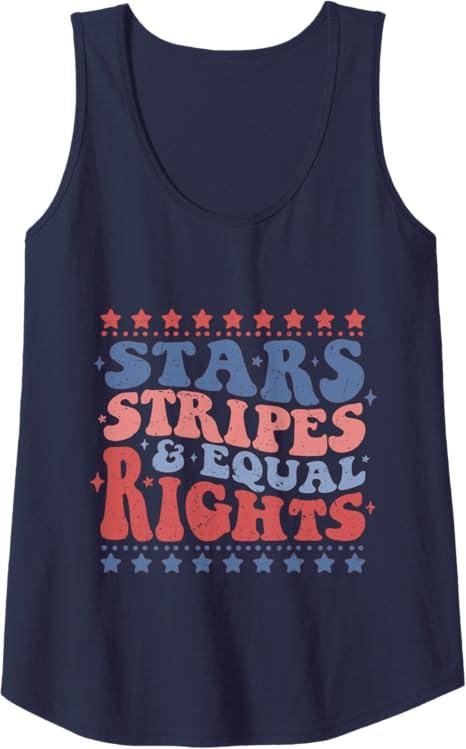 Womens Star Stripes And Equal Rights Patriotic 4th Of July Groovy Tank Top, Large , Navy Blue 